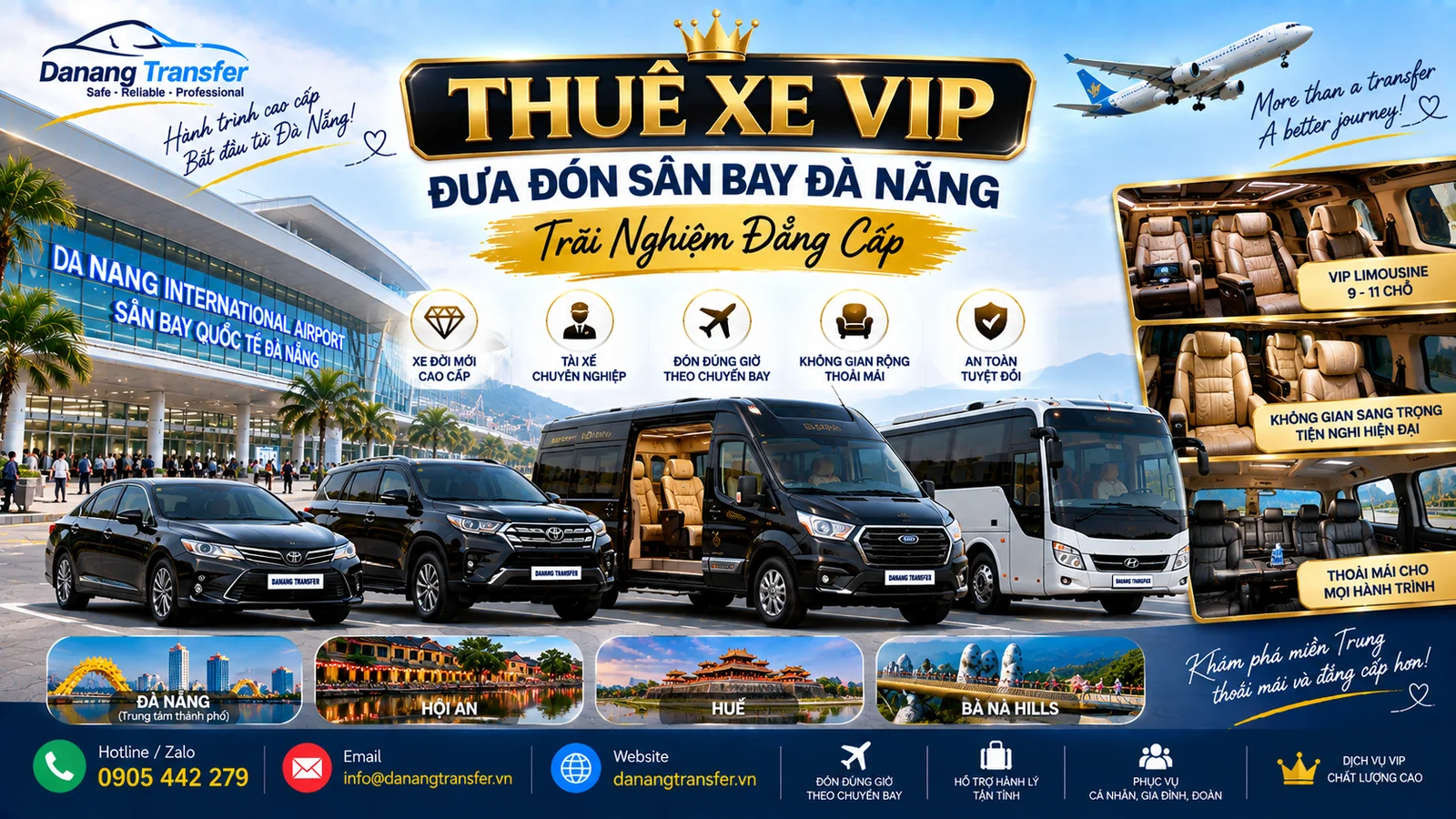 Thuê xe VIP đưa đón sân bay Đà Nẵng trải nghiệm đẳng cấp - Danang Transfer