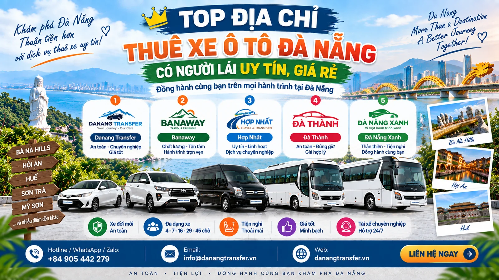 Top địa chỉ thuê xe ô tô Đà Nẵng có người lái uy tín, giá rẻ – Danang Transfer, Banaway, Hợp Nhất, Đà Thành và Đà Nẵng Xanh