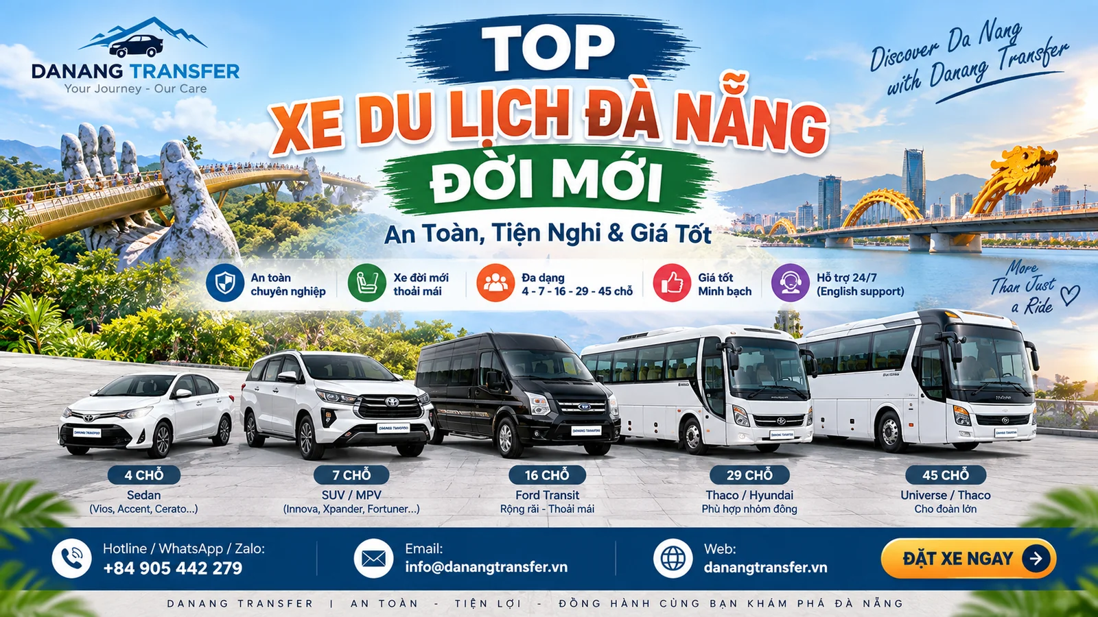 Top xe du lịch Đà Nẵng đời mới – an toàn, tiện nghi và giá tốt | Danang Transfer