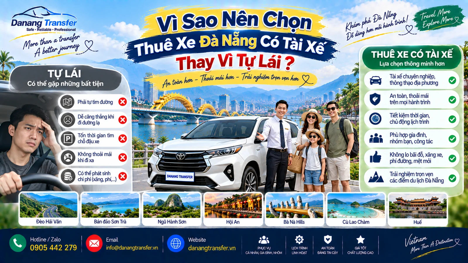 Vì sao nên chọn thuê xe Đà Nẵng có tài xế thay vì tự lái - Danang Transfer