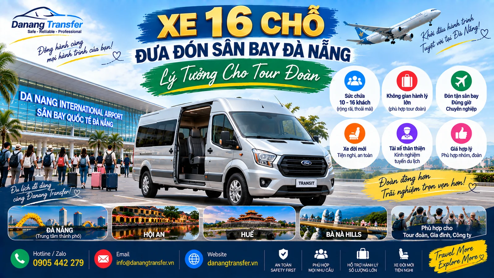 Xe 16 chỗ đưa đón sân bay Đà Nẵng lý tưởng cho tour đoàn - Danang Transfer