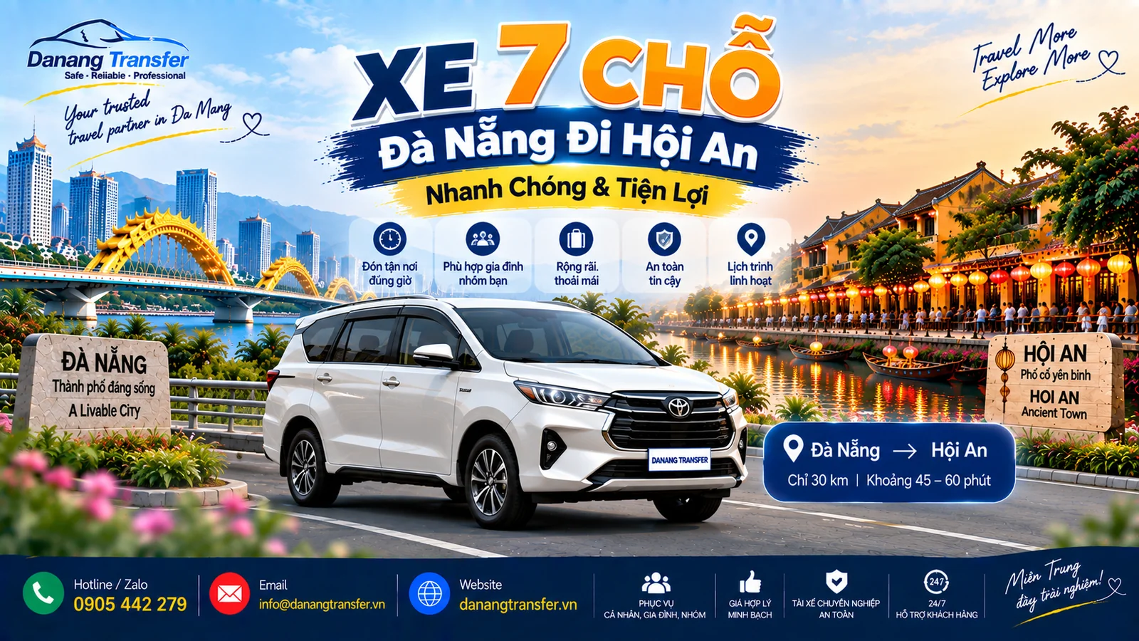 Xe 7 chỗ Đà Nẵng đi Hội An nhanh chóng tiện lợi - Danang Transfer