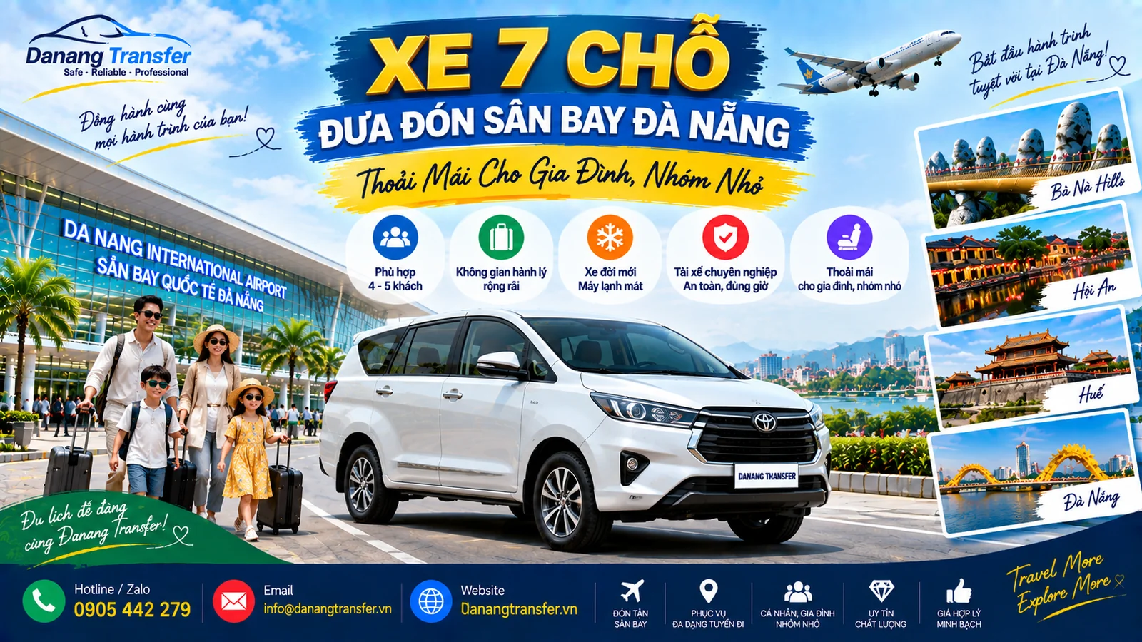 Xe 7 chỗ đưa đón sân bay Đà Nẵng thoải mái cho gia đình và nhóm nhỏ - Danang Transfer