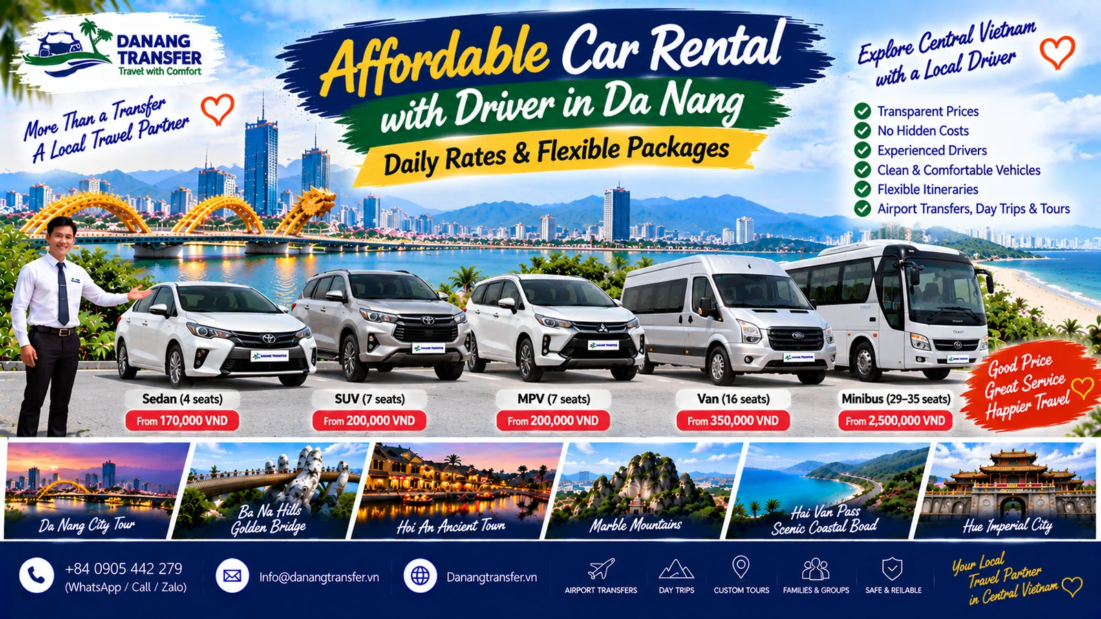 Affordable car rental with driver in Da Nang with daily rates and flexible packages