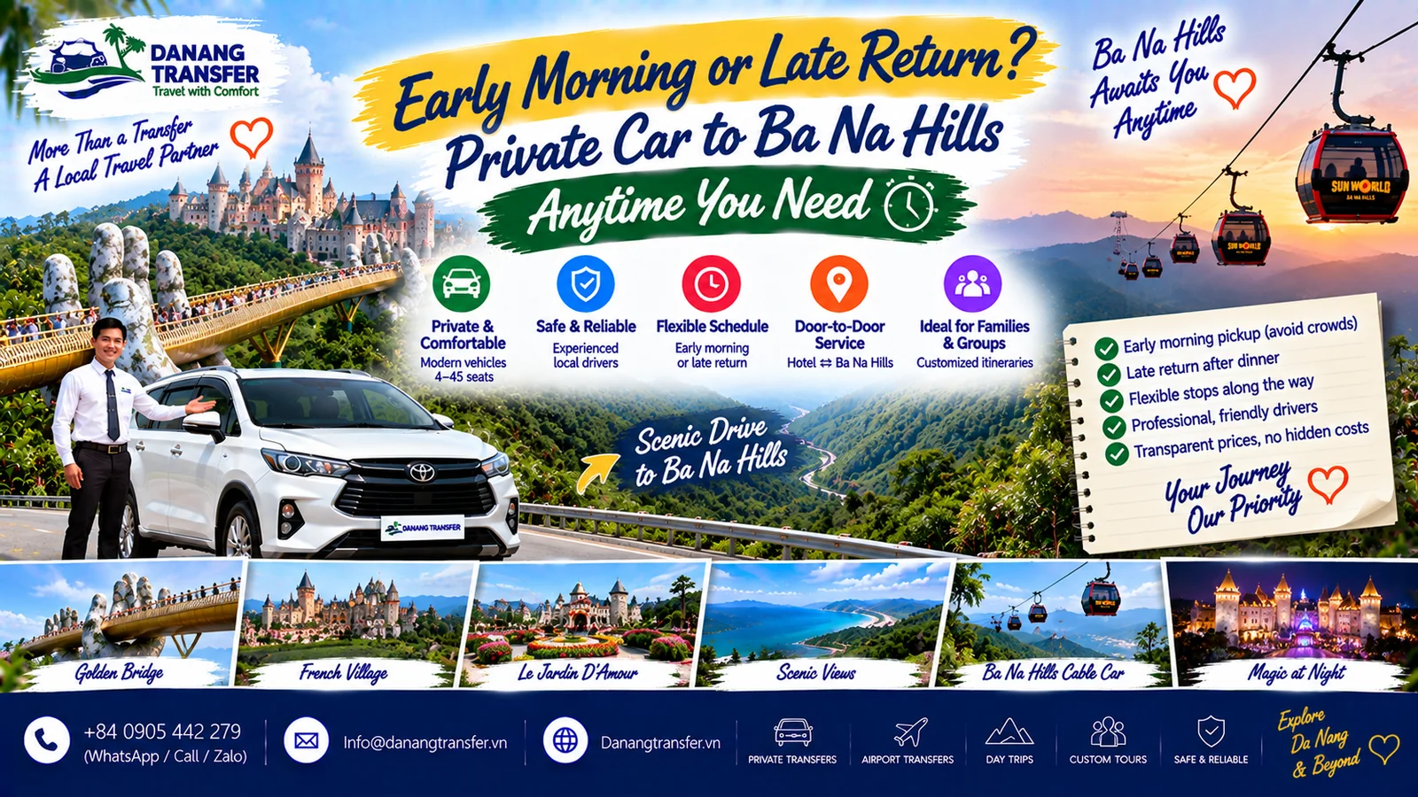 Private car from Da Nang to Ba Na Hills with flexible early morning pickup and late return