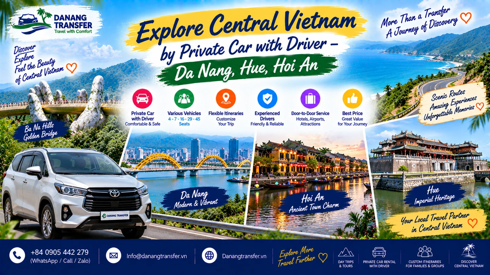 Explore Central Vietnam by private car with driver from Da Nang to Hue and Hoi An