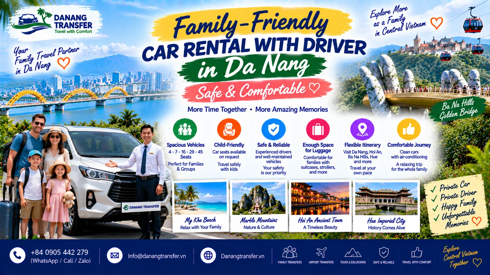 Family-friendly car rental with driver in Da Nang for safe and comfortable travel