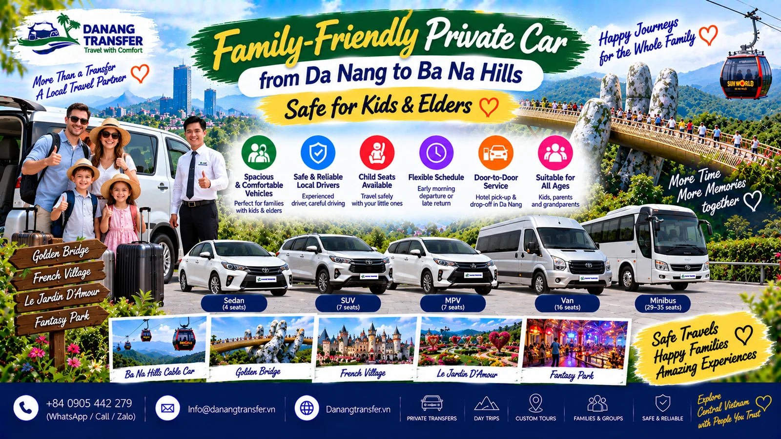 Family-friendly private car from Da Nang to Ba Na Hills safe for kids and elders