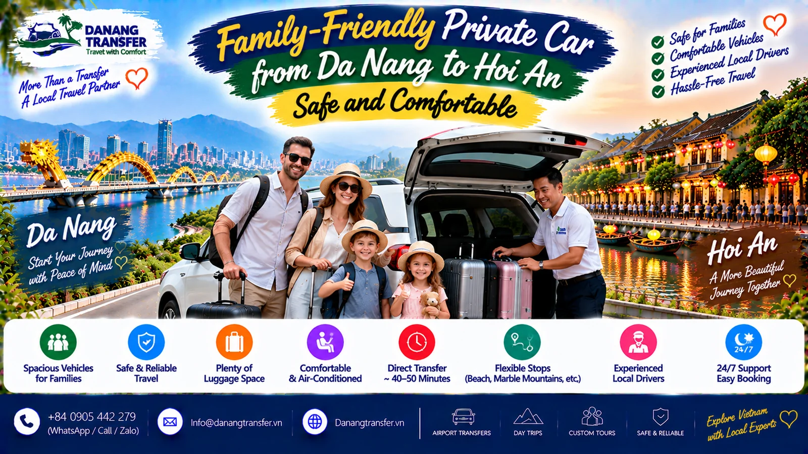 Family-friendly private car from Da Nang to Hoi An with safe and comfortable travel