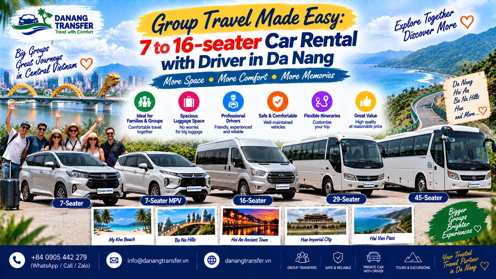7 to 16-seater car rental with driver in Da Nang for group travel