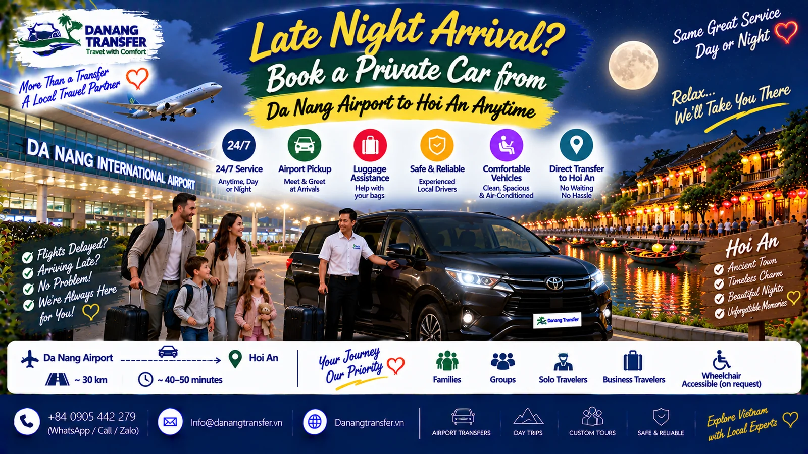 Late night private car from Da Nang Airport to Hoi An with 24/7 airport pickup