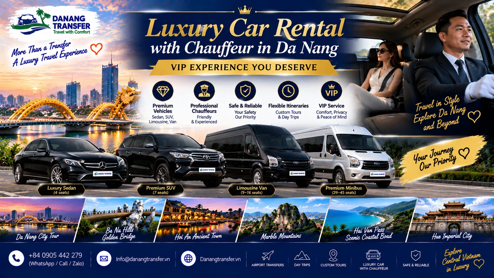Luxury car rental with chauffeur in Da Nang for a VIP travel experience
