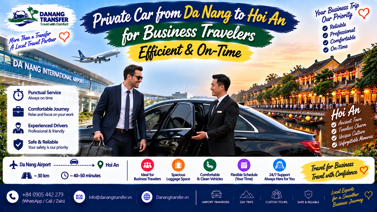 Private car from Da Nang to Hoi An for business travelers
