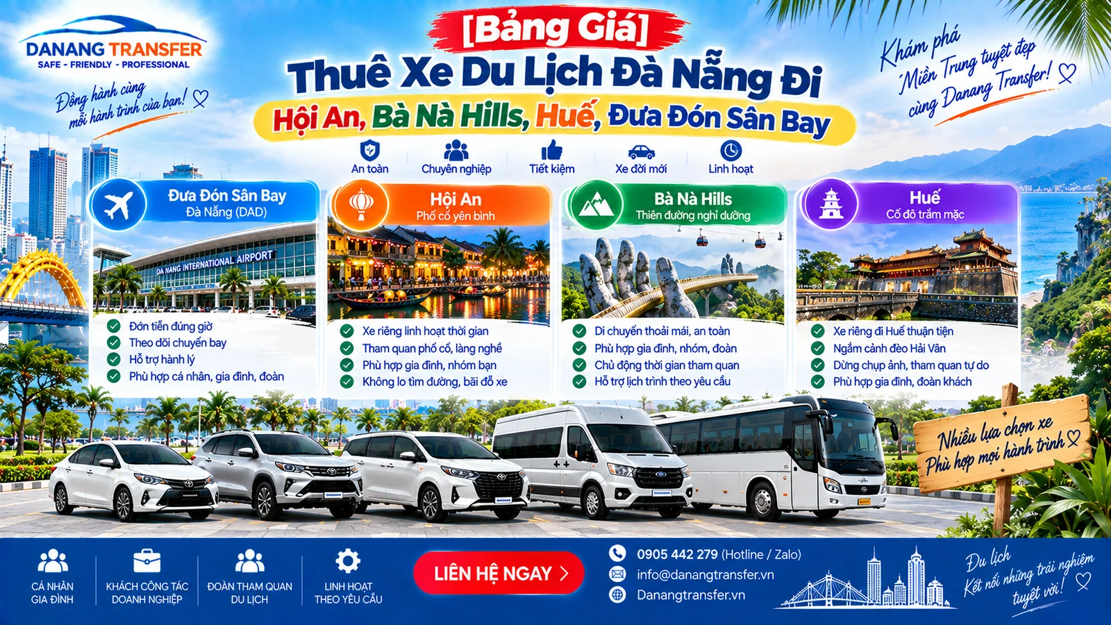 Bảng giá thuê xe du lịch Đà Nẵng đi Hội An Bà Nà Hills Huế và đưa đón sân bay