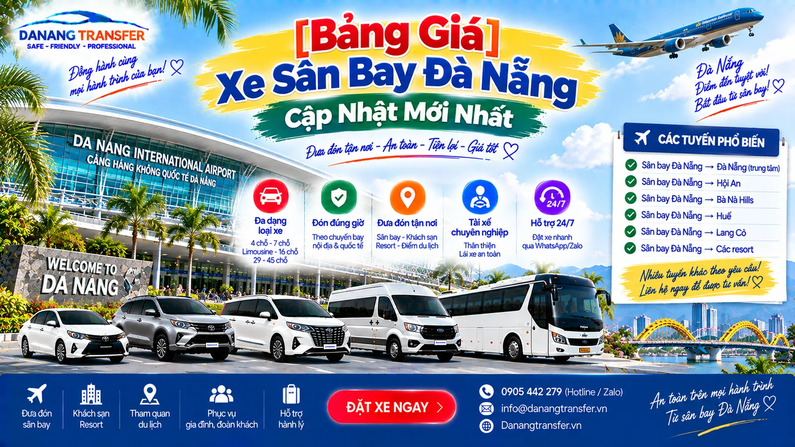 Bảng giá xe sân bay Đà Nẵng cập nhật mới nhất dịch vụ đưa đón sân bay