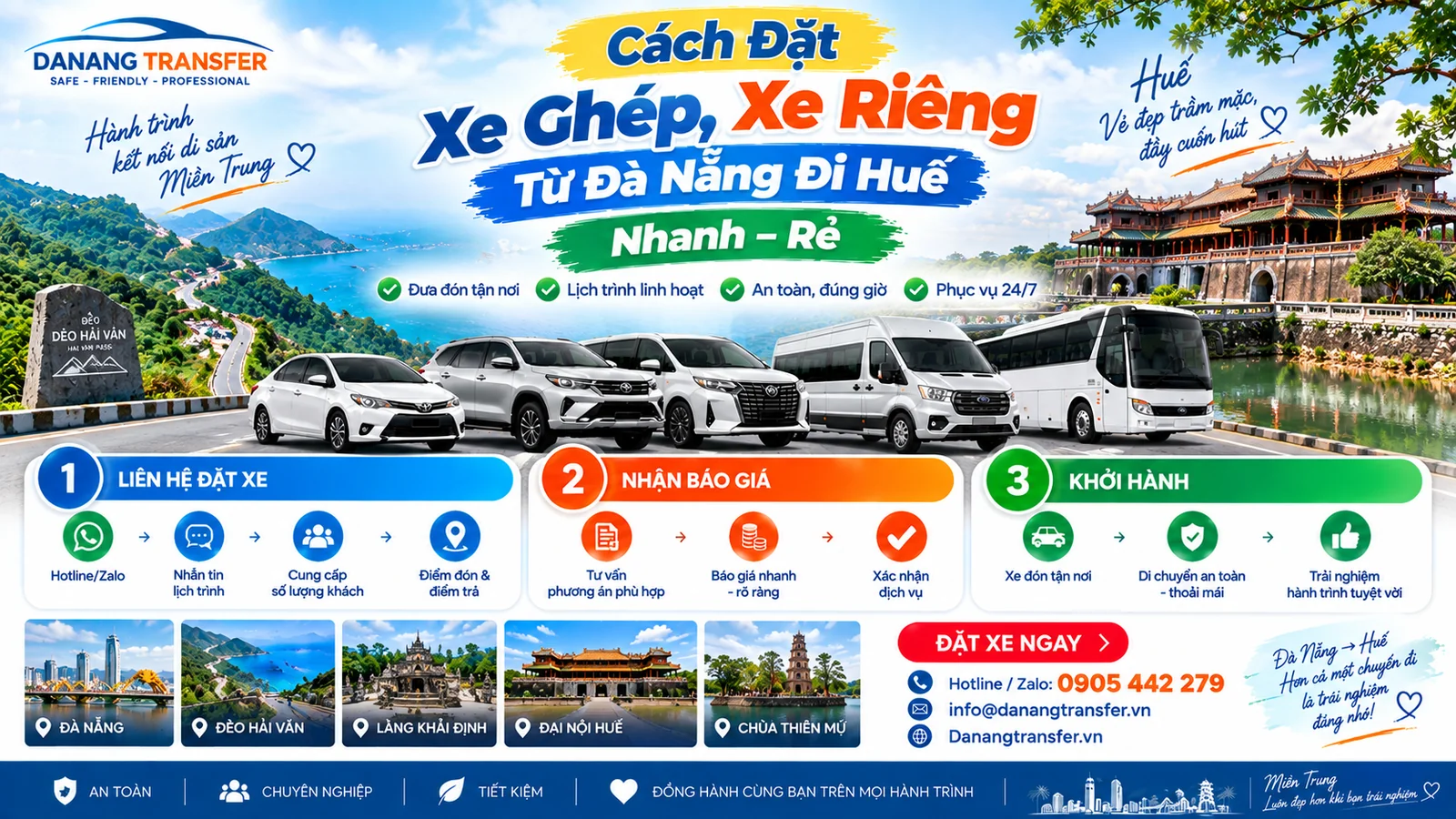 Cách đặt xe ghép và xe riêng từ Đà Nẵng đi Huế nhanh giá rẻ