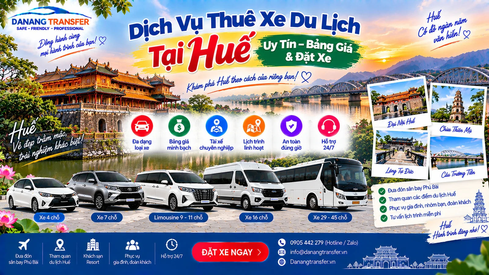 Dịch vụ thuê xe du lịch tại Huế uy tín bảng giá và đặt xe