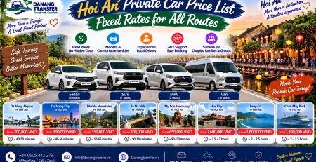 Hoi An private car price list with fixed rates for all routes
