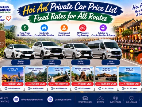 Hoi An private car price list with fixed rates for all routes