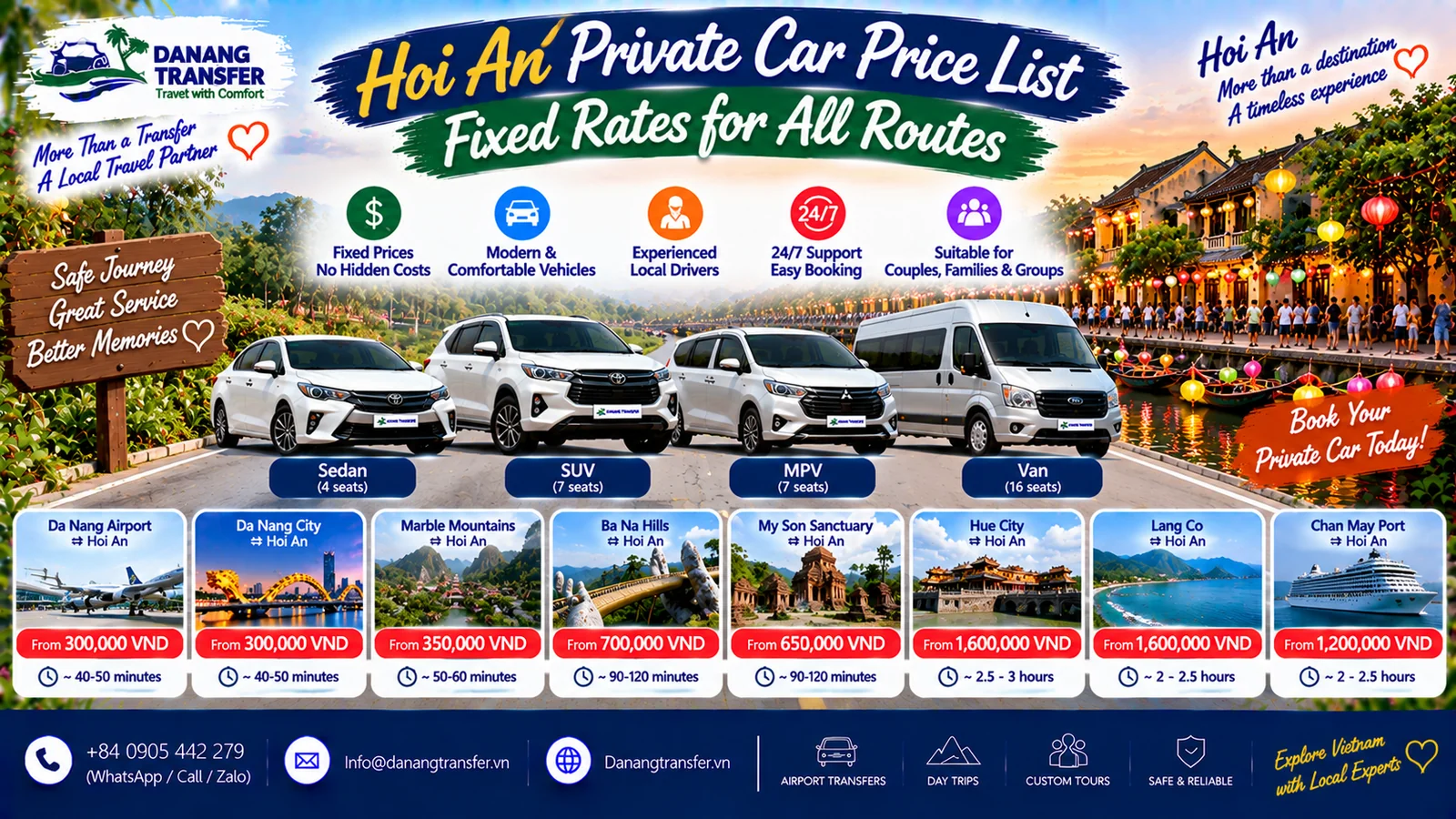 Hoi An private car price list with fixed rates for all routes