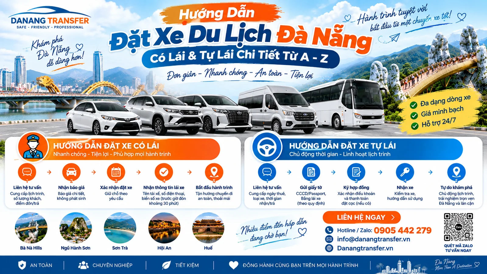 Hướng dẫn đặt xe du lịch Đà Nẵng có lái và tự lái chi tiết từ A–Z