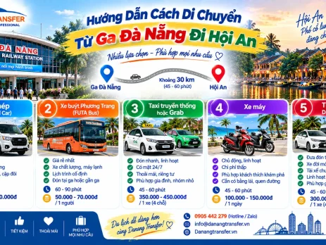 Hướng dẫn cách di chuyển từ Ga Đà Nẵng đi Hội An bằng xe ghép xe buýt Phương Trang Taxi Grab xe máy và xe riêng