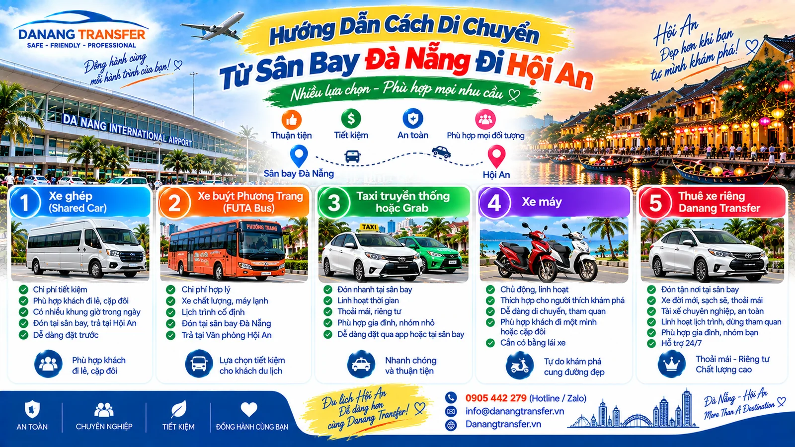Hướng dẫn cách di chuyển từ sân bay Đà Nẵng đi Hội An bằng xe ghép xe buýt Phương Trang Taxi Grab xe máy và xe riêng