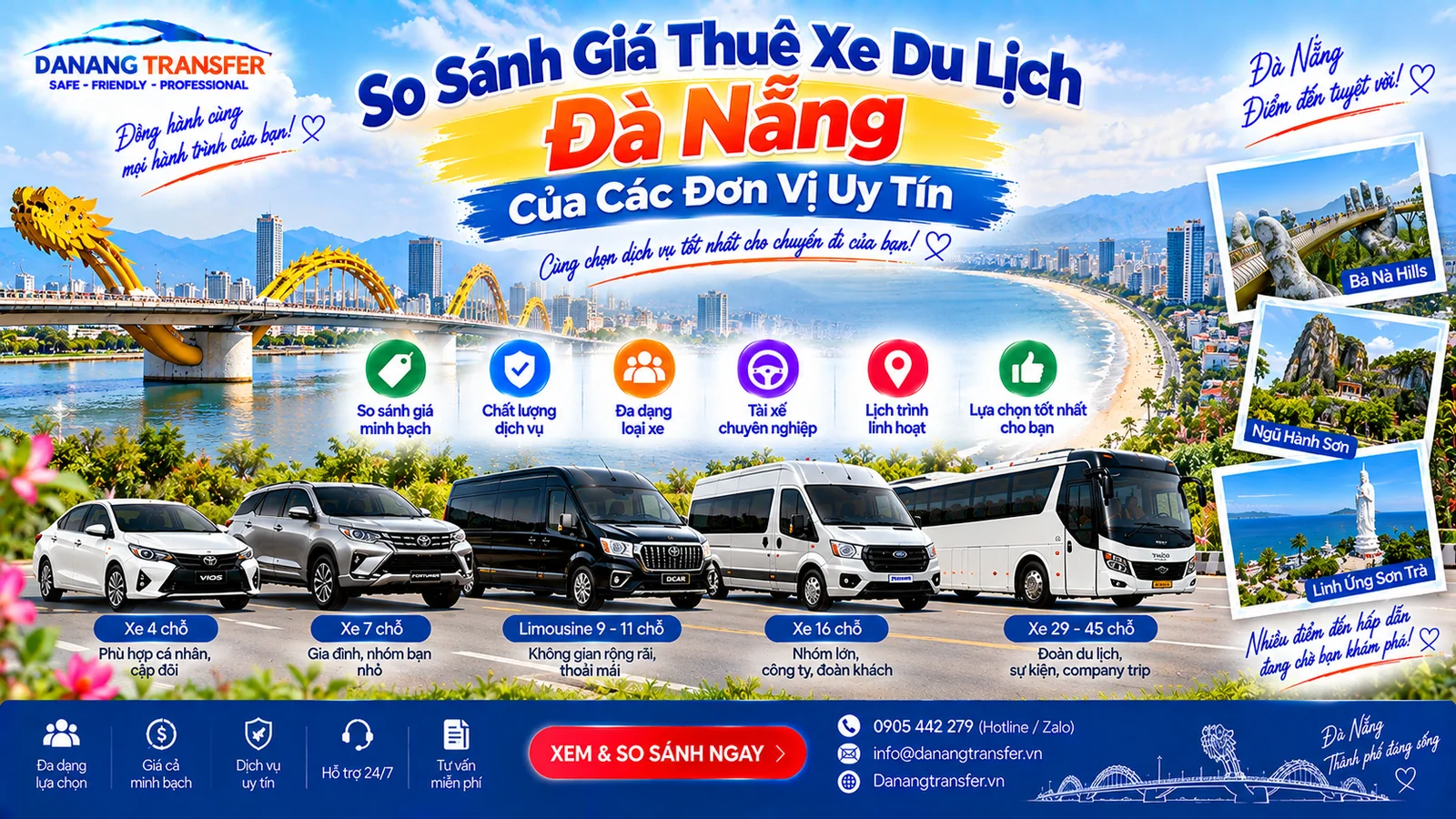 So sánh giá thuê xe du lịch Đà Nẵng của các đơn vị uy tín