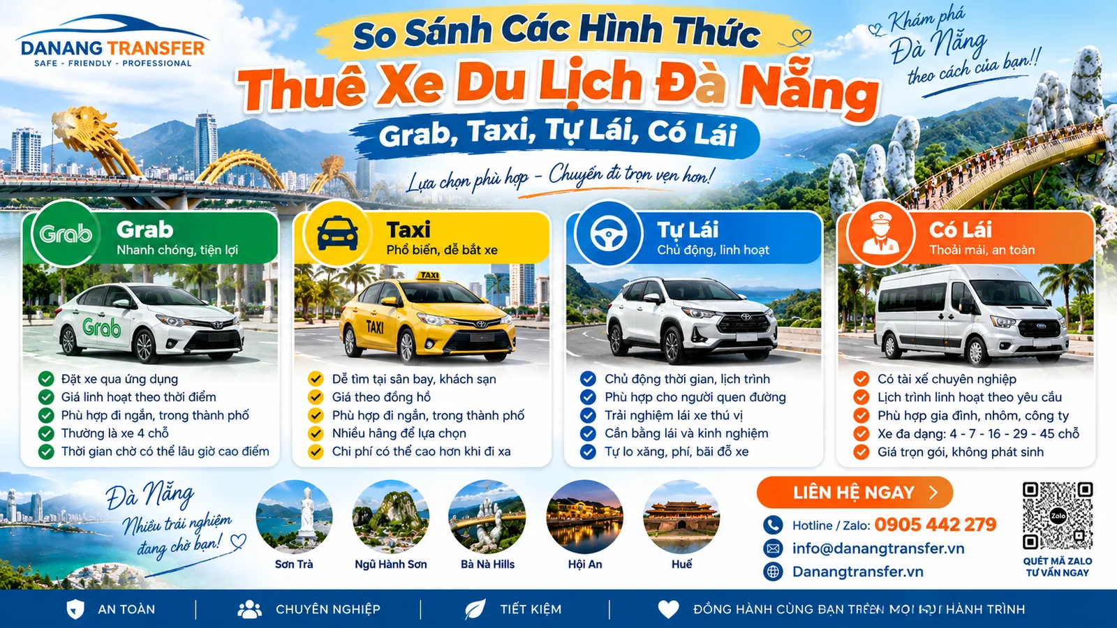 So sánh các hình thức thuê xe du lịch Đà Nẵng: Grab, Taxi, tự lái và xe có lái
