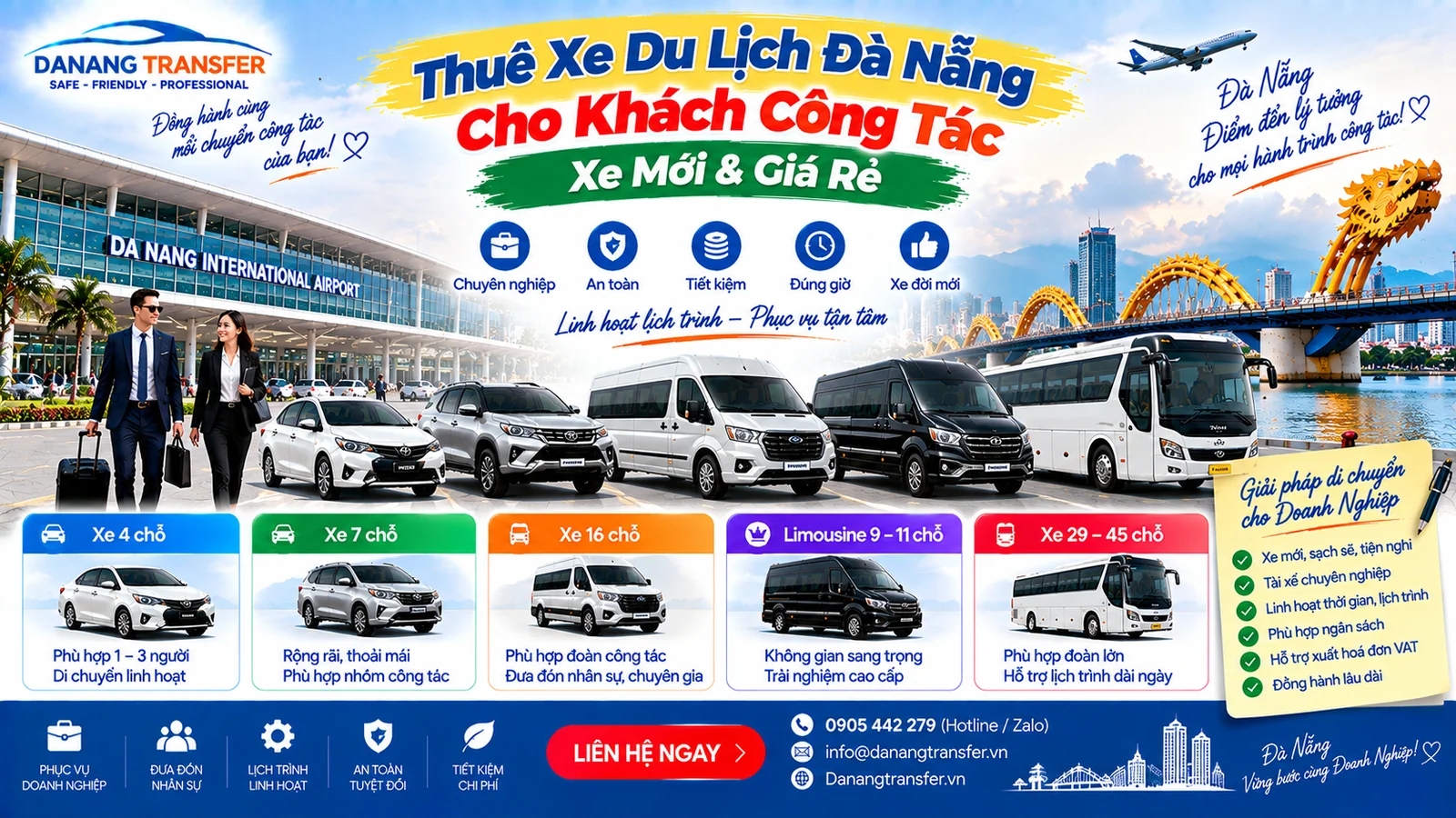 Thuê xe du lịch Đà Nẵng cho khách công tác xe mới giá rẻ có tài xế