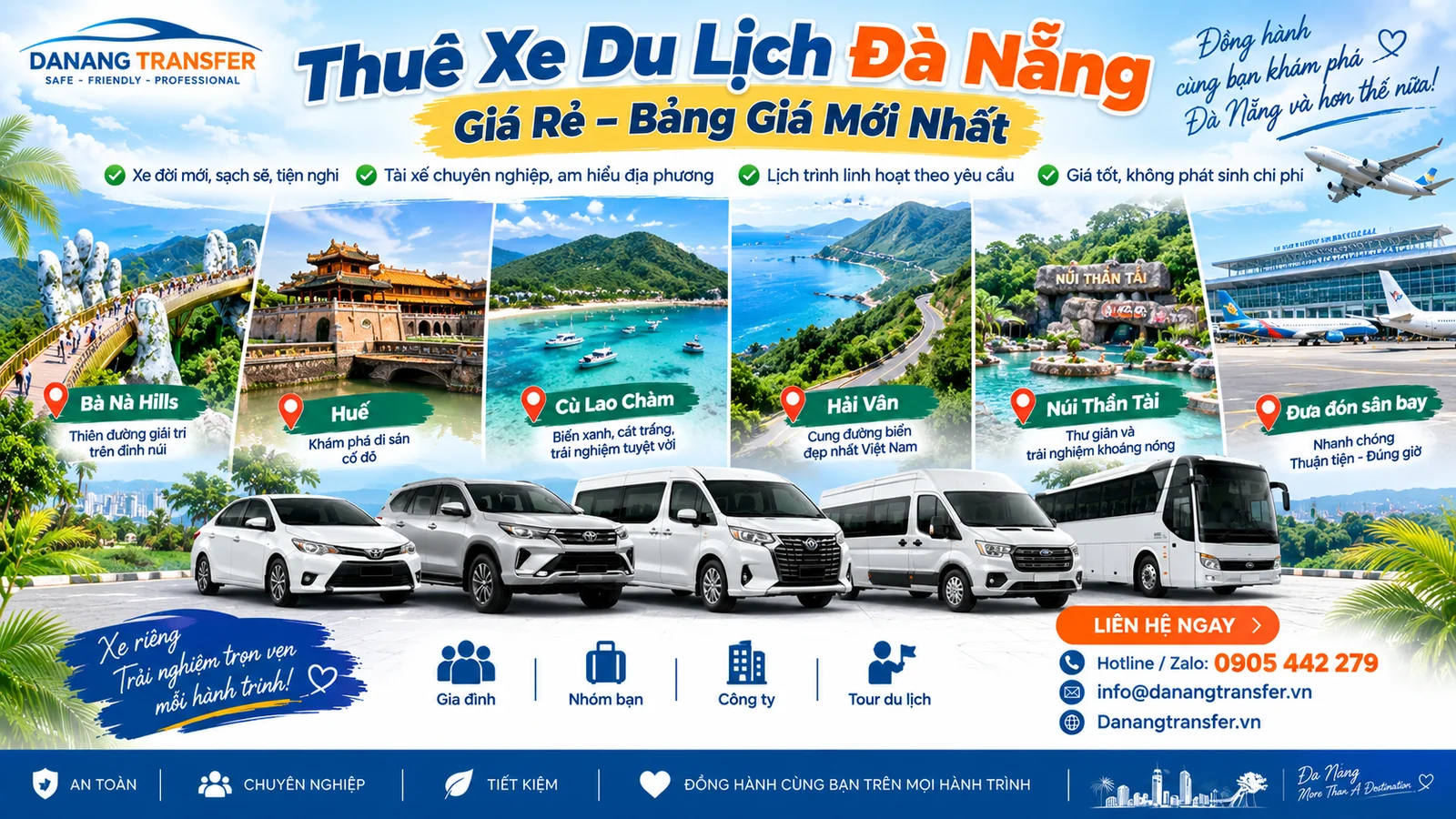 Thuê xe du lịch Đà Nẵng giá rẻ – Bà Nà Hills, Huế, Cù Lao Chàm, Hải Vân, Núi Thần Tài và sân bay