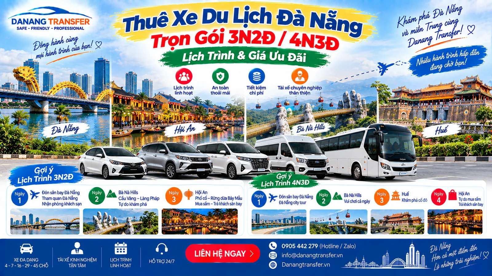Thuê xe du lịch Đà Nẵng trọn gói 3N2Đ 4N3Đ đi Hội An Bà Nà Hills Huế