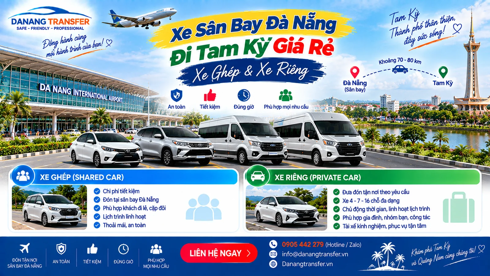 Xe sân bay Đà Nẵng đi Tam Kỳ giá rẻ bằng xe ghép và xe riêng