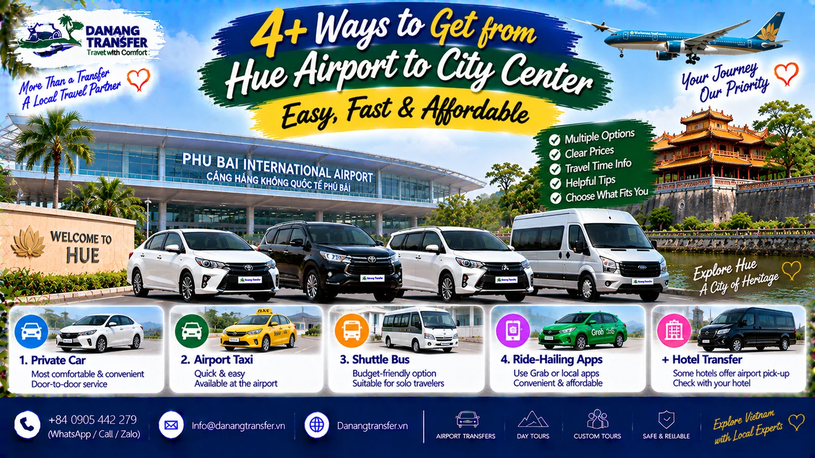 Ways to get from Hue Airport to Hue city center by private car taxi shuttle and Grab