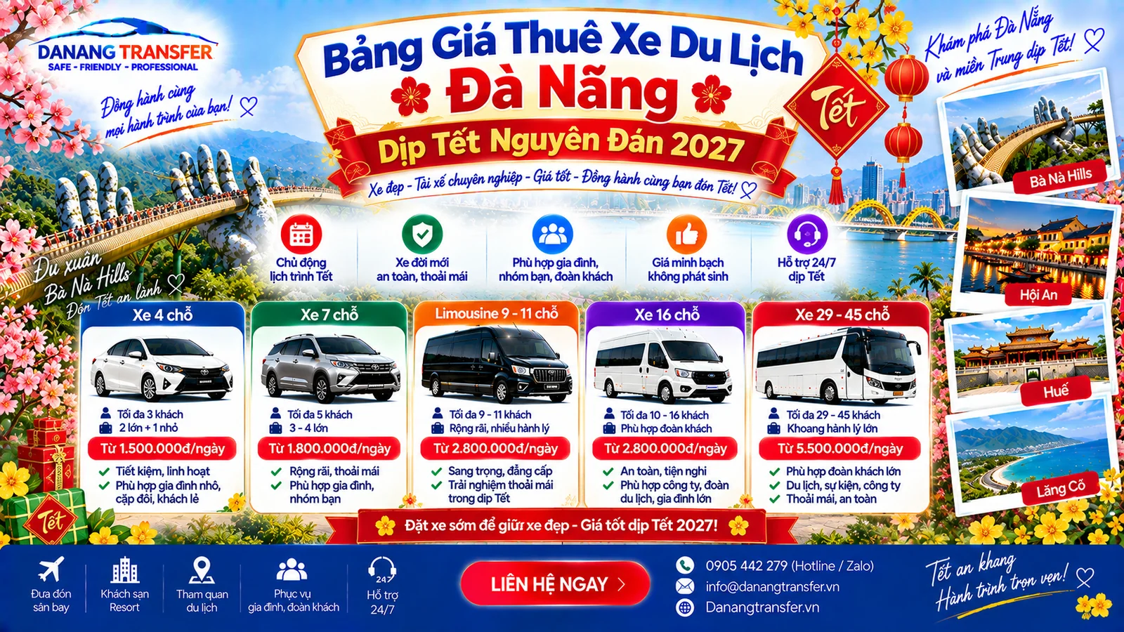 Bảng giá thuê xe du lịch Đà Nẵng dịp Tết Nguyên Đán 2027