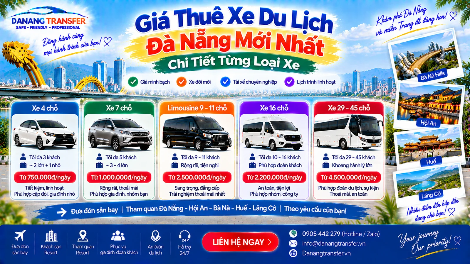 Giá thuê xe du lịch Đà Nẵng mới nhất chi tiết từng loại xe 4 chỗ 7 chỗ 16 chỗ limousine và xe đoàn