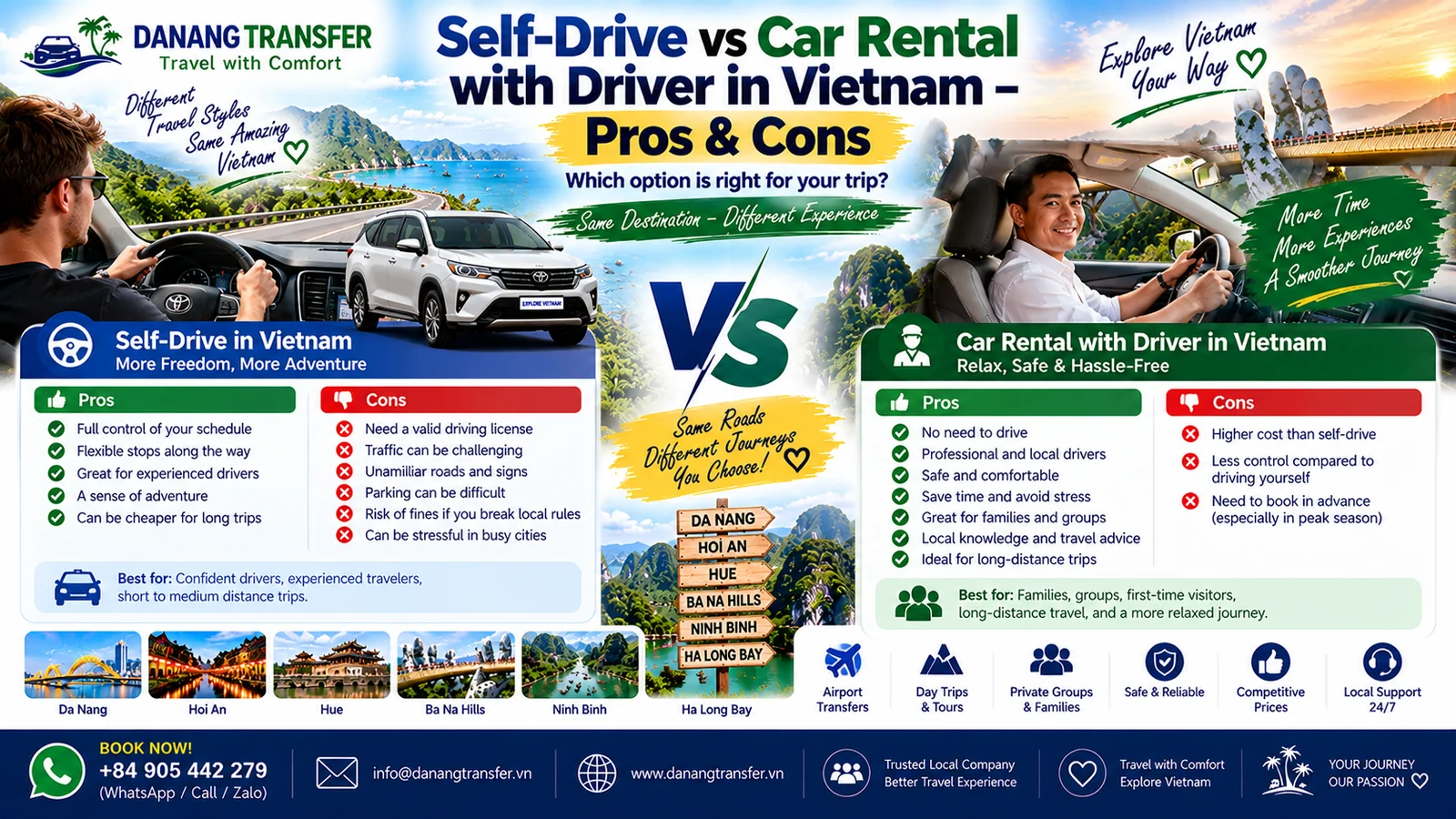 Self-drive vs car rental with driver in Vietnam pros and cons comparison
