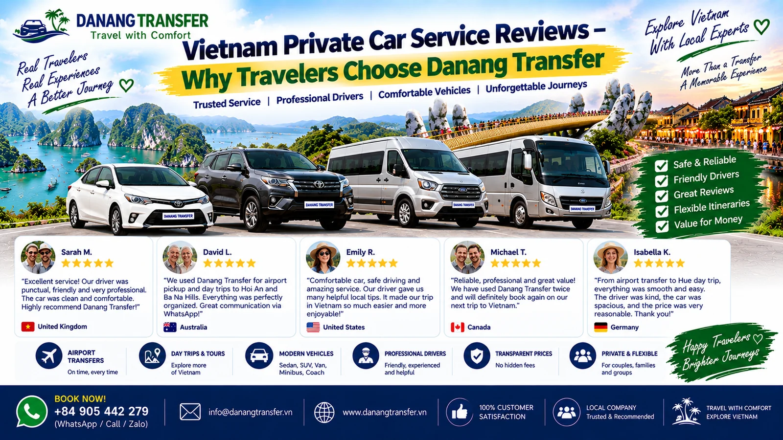 Vietnam private car service reviews for Danang Transfer with professional drivers