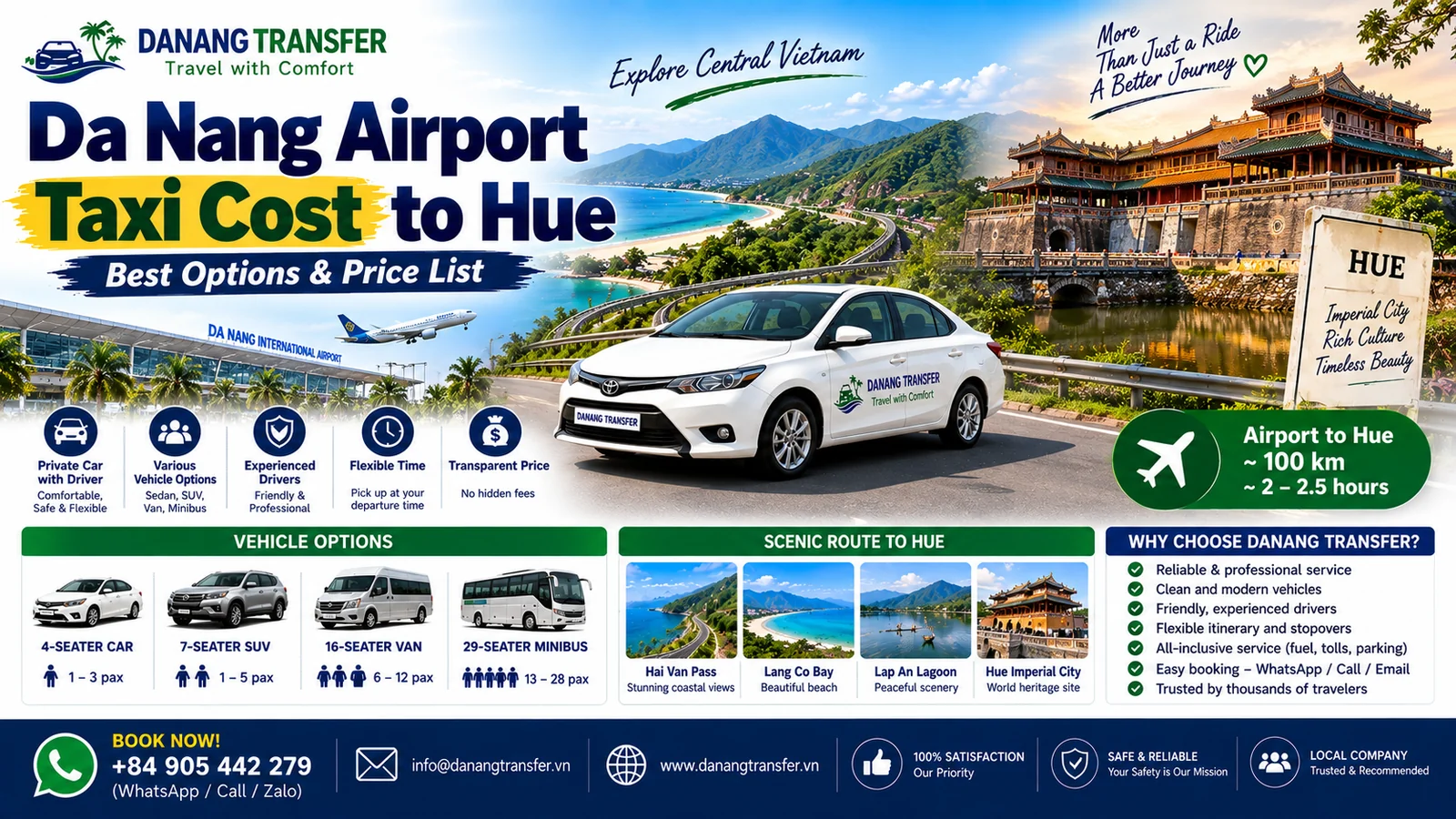 Da Nang Airport taxi cost to Hue with private car and driver