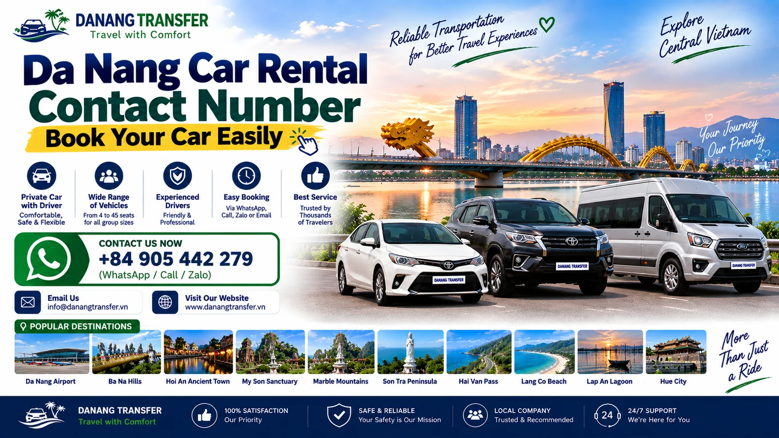 Da Nang car rental contact number for booking private car with driver