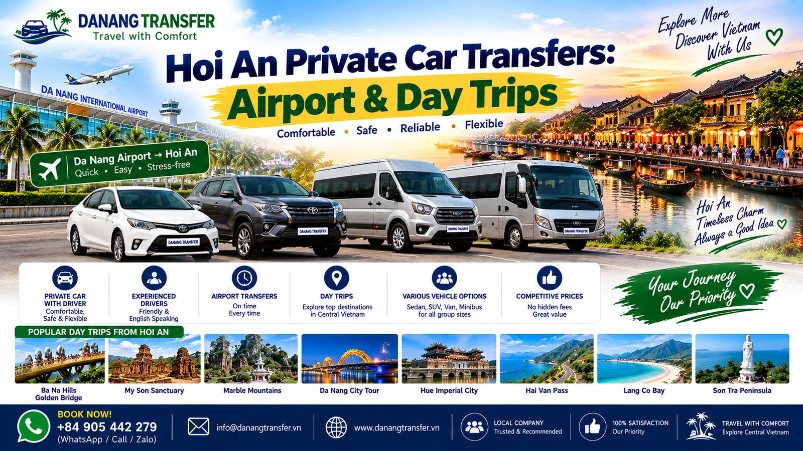 Hoi An private car transfers from Da Nang Airport and day trips with driver
