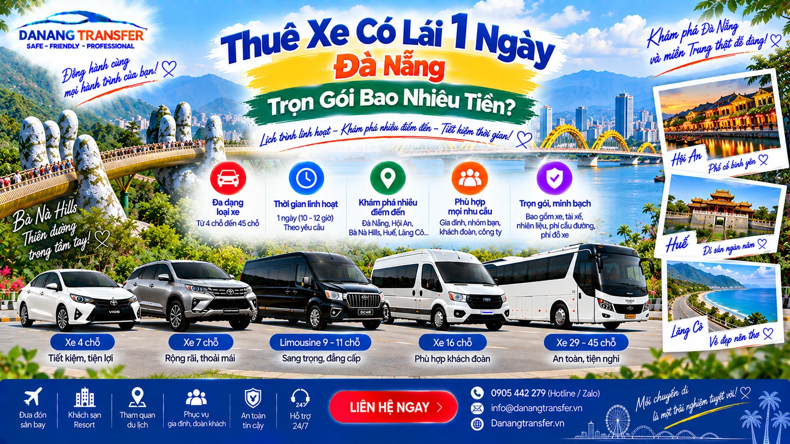 Thuê xe có lái 1 ngày Đà Nẵng trọn gói bao nhiêu tiền