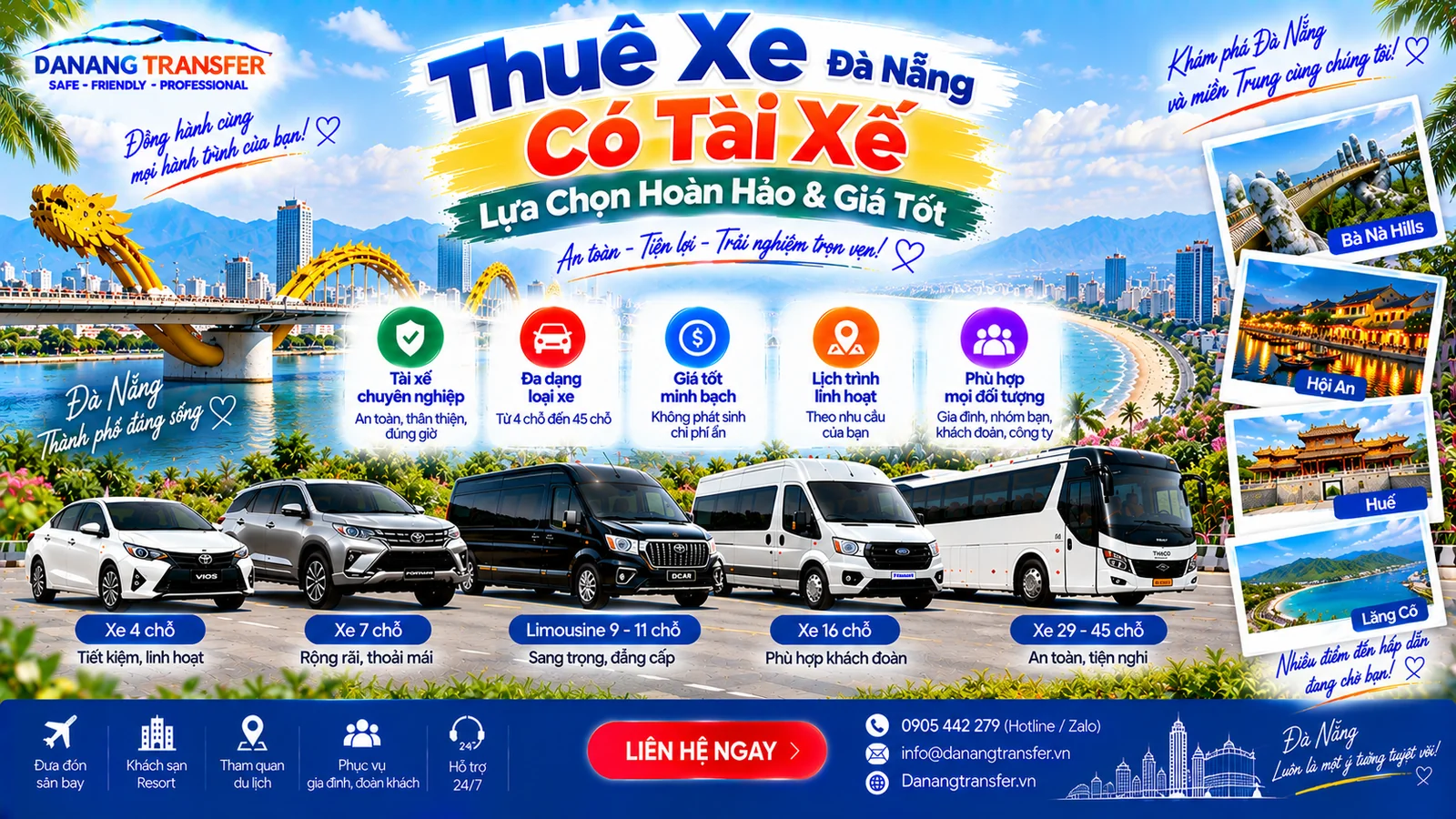 Thuê xe Đà Nẵng có tài xế lựa chọn phù hợp giá tốt