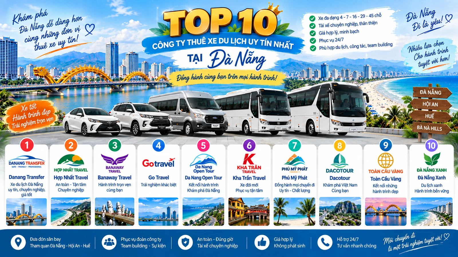 Top 10 công ty thuê xe du lịch tại Đà Nẵng với đa dạng xe 4, 7, 16, 29 và 45 chỗ.