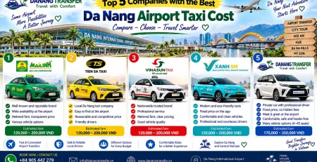 Top 5 Da Nang Airport taxi companies and estimated taxi costs including Mai Linh, Tien Sa, Vinasun, Xanh SM and Danang Transfer