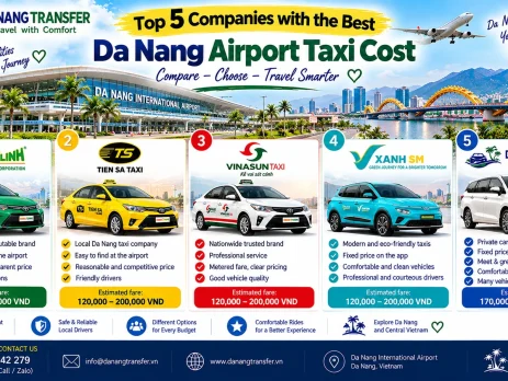Top 5 Da Nang Airport taxi companies and estimated taxi costs including Mai Linh, Tien Sa, Vinasun, Xanh SM and Danang Transfer