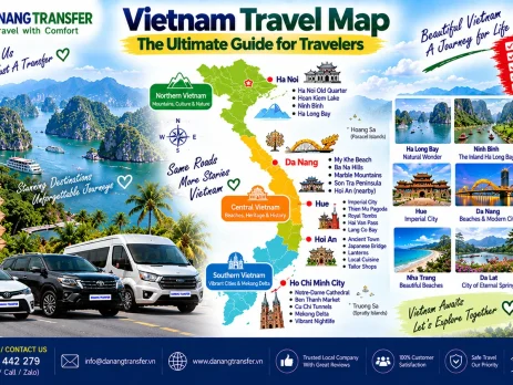 Vietnam travel map showing popular destinations in Northern Central and Southern Vietnam