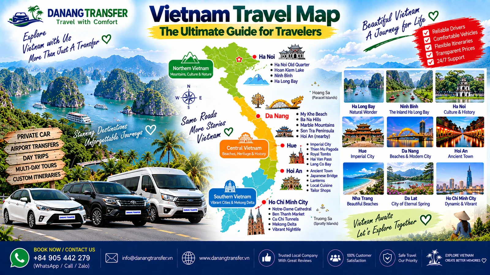 Vietnam travel map showing popular destinations in Northern Central and Southern Vietnam
