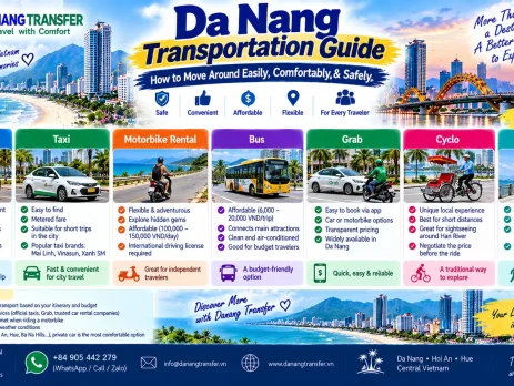 Da Nang transportation guide showing private cars, taxis, motorbike rental, buses, Grab, cyclo and walking