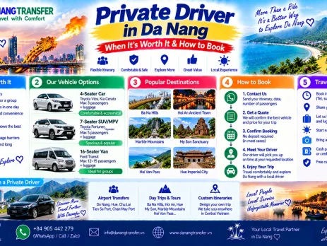 Private driver in Da Nang guide showing benefits, vehicle options, destinations and how to book